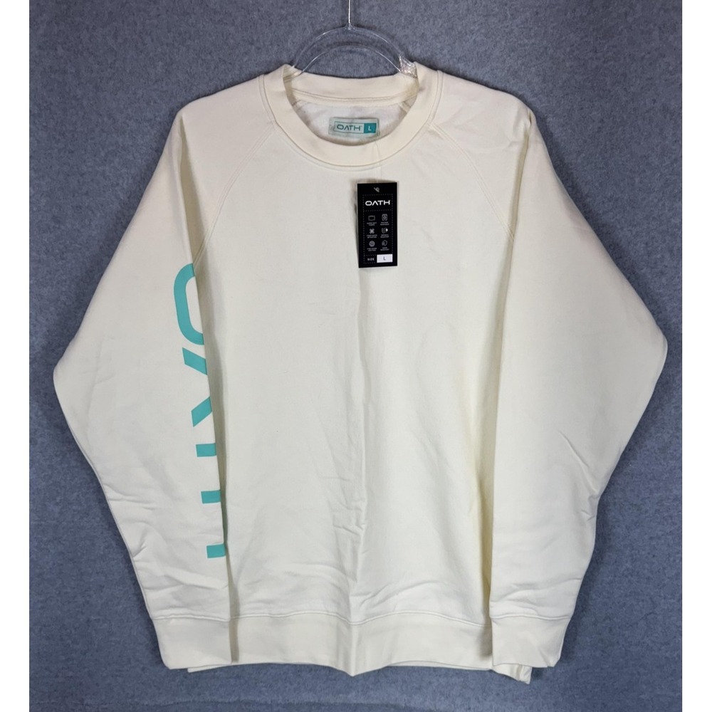 OATH Sweatshirt Mens Large Cream Pullover Crewneck Logo Graphic Odor Resistant